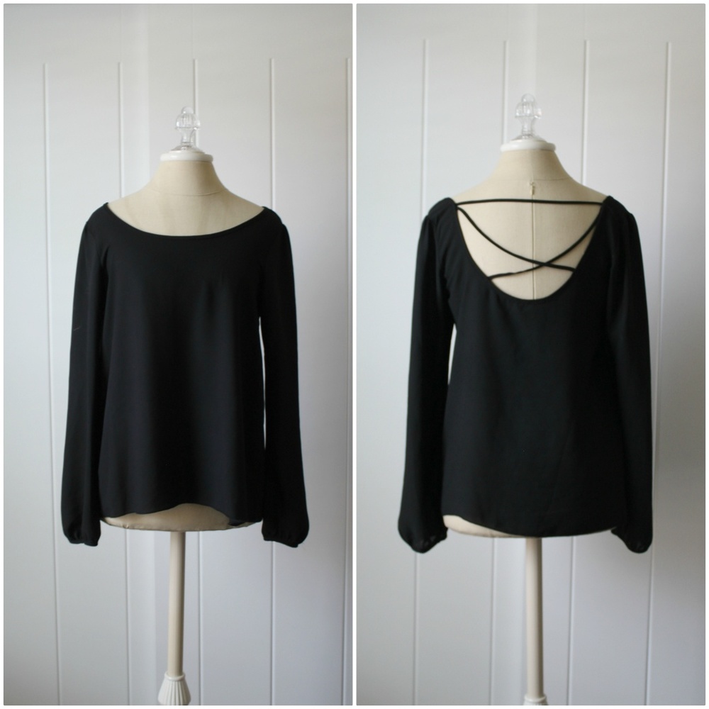 Long Sleeve Criss Cross Chiffon Blouse Black M